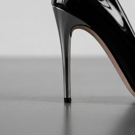A Hero Detail shot focusing on the impeccable geometry of a single high-heeled shoe's stiletto pointの素材