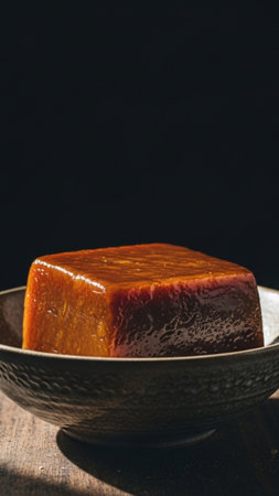 A vertical, tall 9:16, full-frame cinematic shot featuring a single, whole, uncut Nian Gao cake presの素材