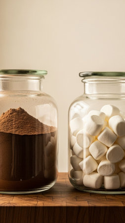 A vertical, tall composition showcasing two clear glass apothecary jars side-by-side on a rustic wooの素材