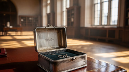 A cinematic wide shot capturing the intimacy of an open, slightly tarnished silver jewelry box restiの素材