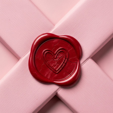 Hero detail shot of an artisan chocolate wrapper's sealing mechanism. A centered crimson red wax seaの素材