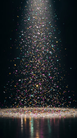 Abstract pattern of colored metallic confetti raining onto a dark, polished concrete floor. Full verの素材