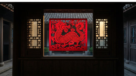 Panoramic 16:9 cinematic environmental shot of a traditional Chinese courtyard at twilight, featurinの素材