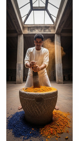 A cinematic, full-height vertical photo capturing the strenuous manual labor involved in traditionalの素材