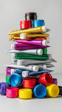 Vertical (9:16) still life photo featuring an impressive, dramatically centered stack of glitter tubの素材