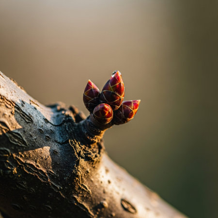 An intimate, centered square photograph focusing intensely on the detail of spring emergence. A gnarの素材