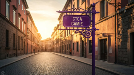 An ultrawide 16:9 cinematic photograph of a decorative purple street sign replica displayed prominenの素材