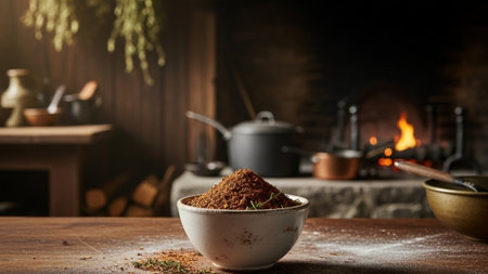 A cinematic, ultrawide 16:9 environmental photograph showcasing a small bowl of dark gumbo spices poの素材