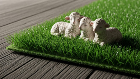 Cinematic wide shot (16:9) of three small ceramic lambs resting on a square of synthetic green grassの素材