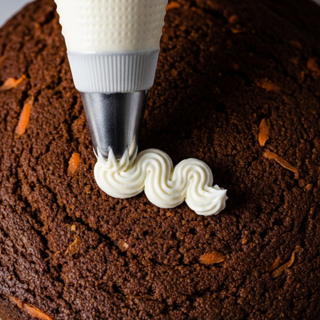 A meticulously composed square flat lay, focusing intensely on the detail of thick, glossy cream cheの素材