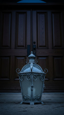 A striking vertical composition capturing an antique, unlit decorative metal lantern placed centrallの素材