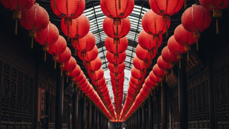 Panoramic, ultrawide view of a narrow, historic Asian street dominated by a dense, unlit cluster ofの素材
