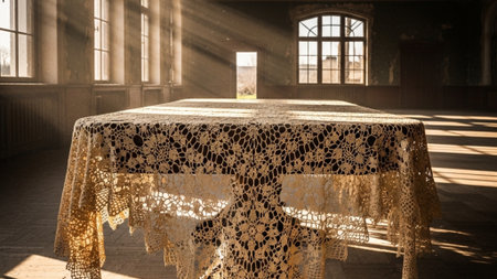 A cinematic wide shot (16:9 panoramic) of a vast, dusty, and abandoned European dining hall. In theの素材