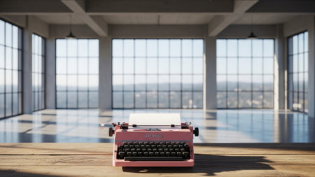 A cinematic wide environmental shot capturing a pink vintage typewriter, loaded with a fresh sheet oの素材