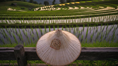 An environmental cinematic wide shot (16:9) of a traditional Thai conical hat (Ngop) resting on a weの素材