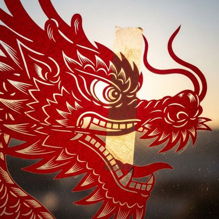 Extreme close-up, centered square shot (1:1) of the head and eye detail of a traditional red paper cの素材