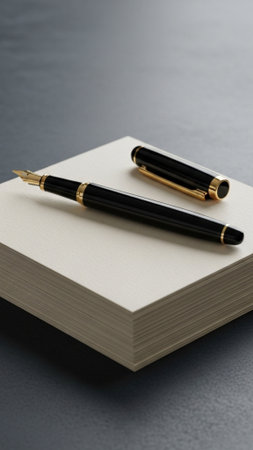 A visually striking 9:16 vertical composition focusing on luxury stationery. A tall, centered stackの素材