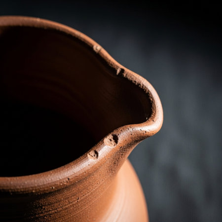 A focused, square (1:1) macro shot centered on the raw, unglazed rim and pouring spout of a simple,の素材
