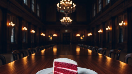 Cinematic wide shot (16:9) capturing a single slice of red velvet cake, heavily dusted with powderedの素材