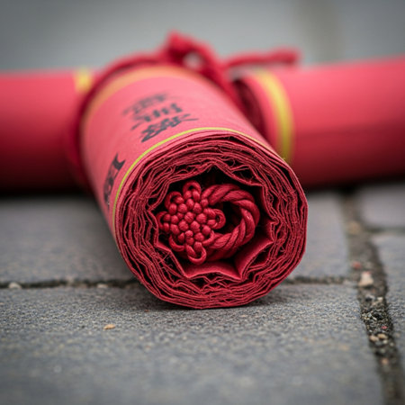 A square, ultra close-up photograph capturing the detail of an unlit, traditional Chinese firecrackeの素材