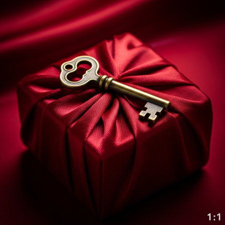 An intensely focused, tightly centered 1:1 close-up of an antique brass skeleton key laid upon a smaの素材