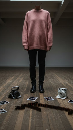 Vertical 9:16 full-body composition of a person standing over scattered, face-down instant camera prの素材
