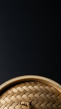 A striking vertical 9:16 composition focused entirely on the circular weave pattern of a bamboo steaの素材