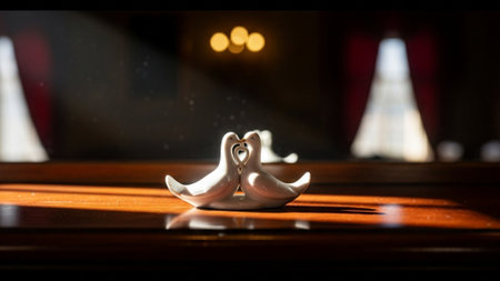 A cinematic ultrawide (16:9) photograph of a miniature porcelain statue featuring intertwined doves,の素材