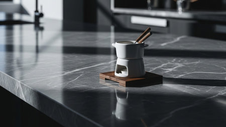 A cinematic, ultrawide (16:9) environmental shot capturing a small, unused white ceramic fondue potの素材