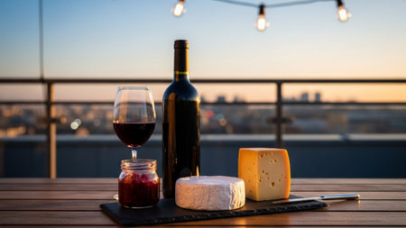 A cinematic environmental wide shot (16:9) capturing the contents of a Valentine's gift basket--wine,の素材