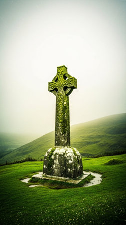 A tall, vertical composition showcasing a weathered, ancient Celtic high cross standing prominentlyの素材
