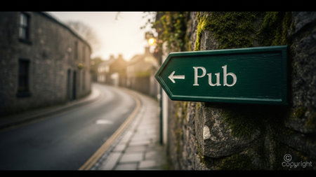 A dramatic, atmospheric 16:9 ultrawide photograph of a weathered wooden sign designating a 'Pub'. Thの素材