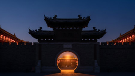 A cinematic, ultrawide 16:9 environmental shot capturing the silhouette of a traditional Chinese mooの素材