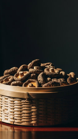A vertical tall (9:16) stock image featuring a full view of a rustic, hand-woven bamboo basket overfの素材