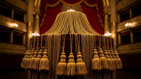 Cinematic wide shot (16:9) of a historic theater foyer displaying an abundant cascade of decorativeの素材