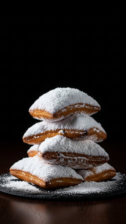 A high-impact, vertically composed editorial photograph focusing on a substantial stack of Beignet pの素材