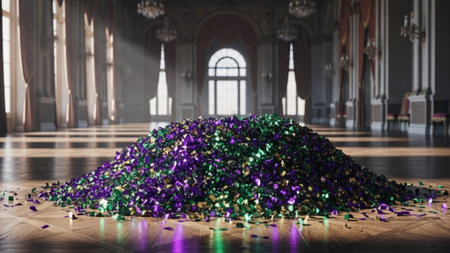 An ultrawide 16:9 cinematic environmental shot of a large pile of purple, emerald green, and metalliの素材