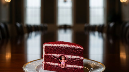 A cinematic wide shot capturing a single slice of red velvet cake on a luxurious porcelain plate, isの素材