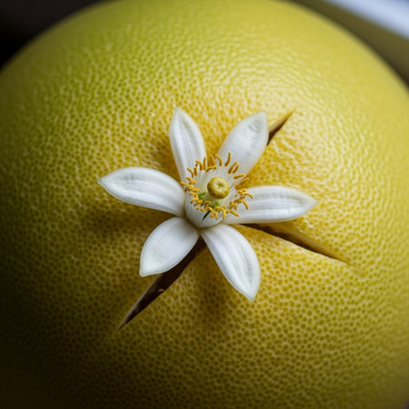 An intimate, square composition, extreme close-up focusing on the texture contrast between a single,の素材