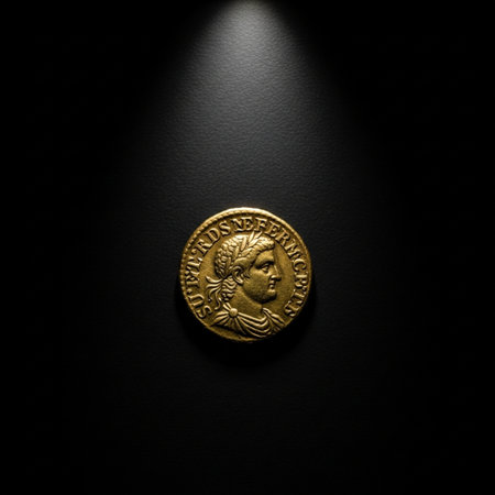 A high-resolution, extreme close-up photograph (1:1 square format) of a single, antique gold coin reの素材