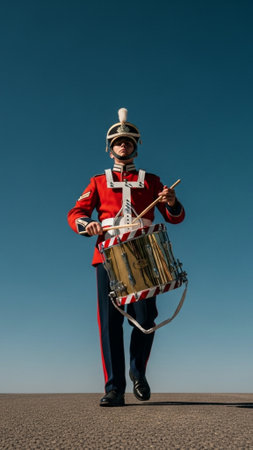 A tall, vertical (9:16) stock image featuring a full-body view of a male drummer in a traditional reの素材