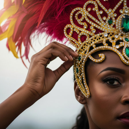 A square, tightly cropped medium shot focusing exclusively on the delicate moment a Samba dancer adjの素材