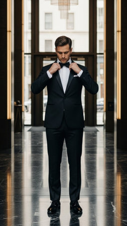 A vertical, full-body editorial photograph capturing a sophisticated man in a tailored black tuxedo.の素材