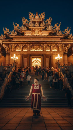 A striking vertical, full-body shot of an individual in traditional dress, standing in the foregrounの素材