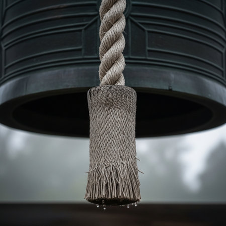 A hero detail shot, square 1:1 format, of the thick, aged hemp rope used to ring a Bonsho temple belの素材