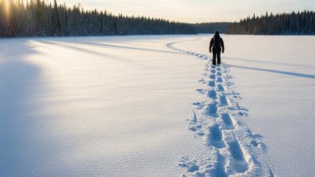 An ultrawide cinematic view capturing the scale of a frozen wilderness, where sharp boot prints slicの素材