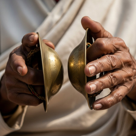 Square 1:1 close-up of a devotional singer's hands playing Manjira cymbals (Kartal). The compositionの素材