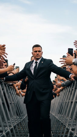 Vertical full body, wide-angle shot of a serious security officer in a suit, centered, guiding a VIPの素材