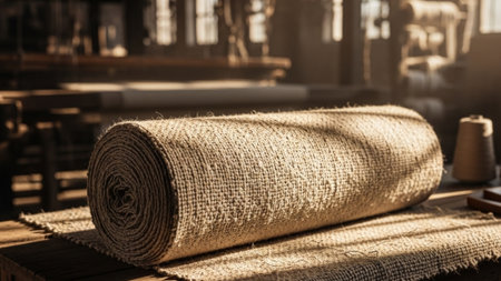 An ultrawide 16:9 cinematic shot of a rough, hand-woven textile bolt placed in the middle ground ofの素材