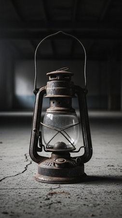 A tall, high-definition, vertical editorial shot of an unlit, antique kerosene lantern centered on aの素材
